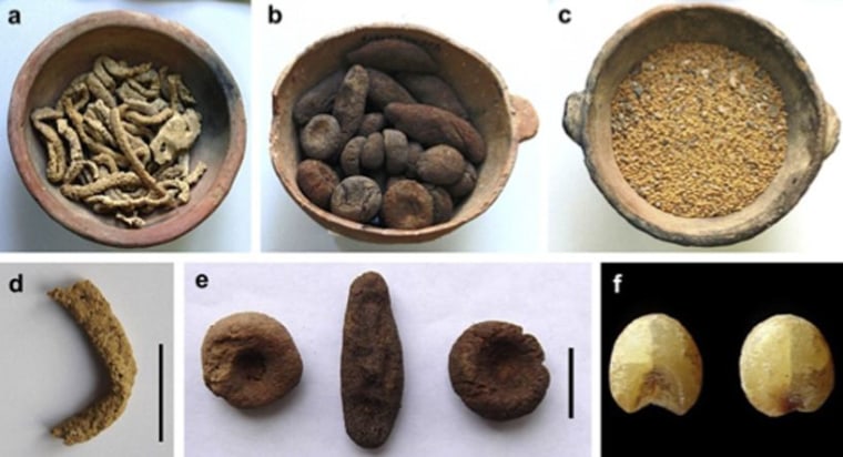 Among food recently found buried in a Chinese cemetery for 2,500 years were noodles (a and d), cakes that resemble today's Chinese moon cakes (b and c) and porridge (c and f).